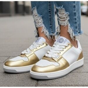 Versace Medusa Gold/White Leather Women's Sneaker Shoe, 1014316, sz 38